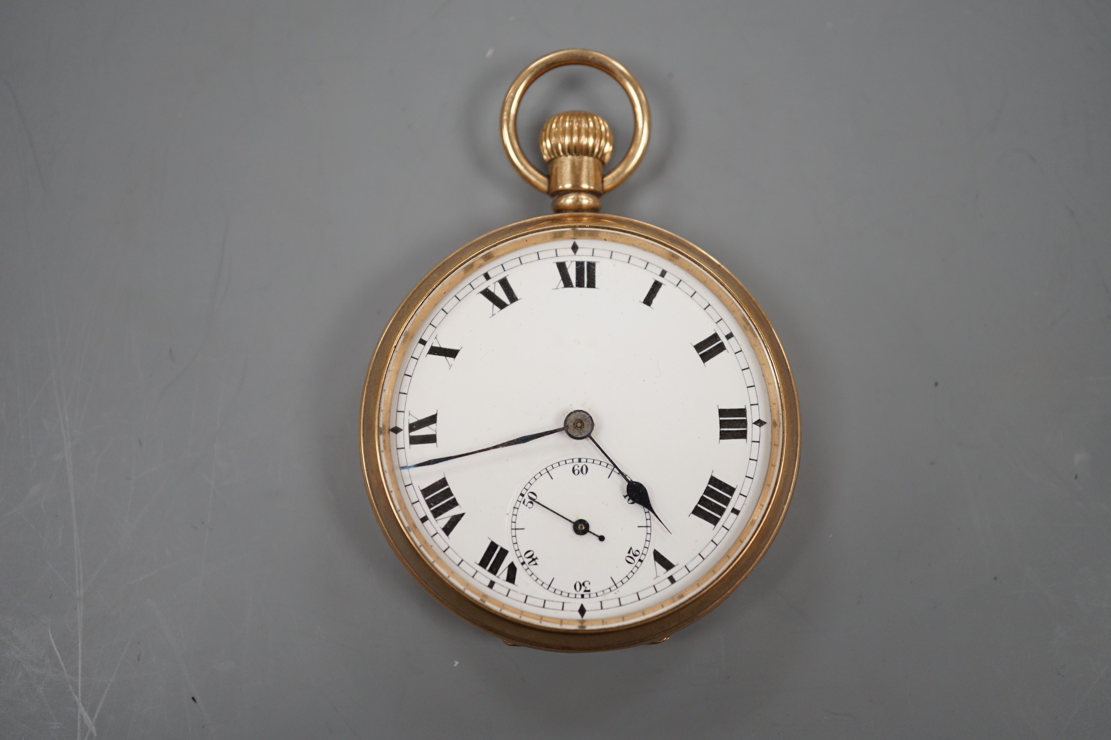 A George V 9ct gold open faced gold pocket watch with Roman dial and subsidiary seconds, the inner case with engraved inscription, case diameter 47mm, gross weight 76.9 grams, in fitted case.